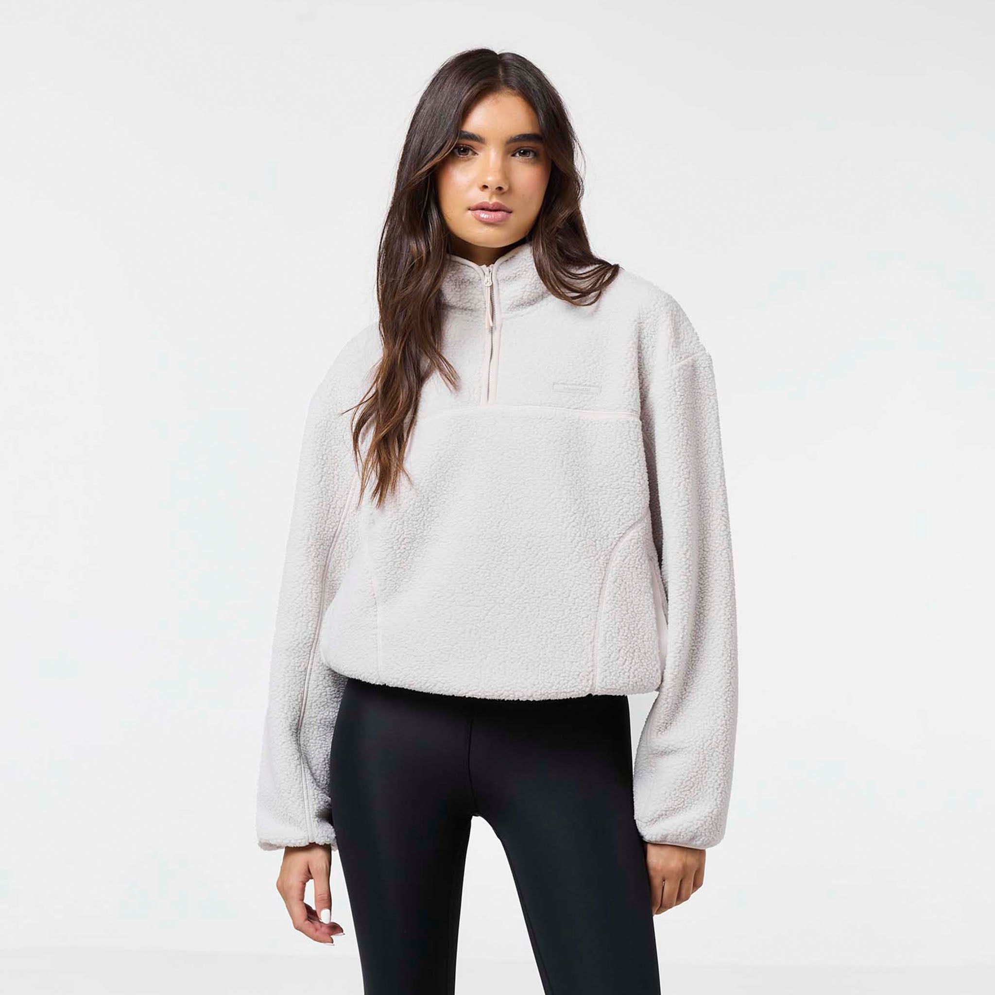 Cremefarbenes Borg-Fleece für Damen mit 1/4-Reißverschluss und Kontrasttaschen 0