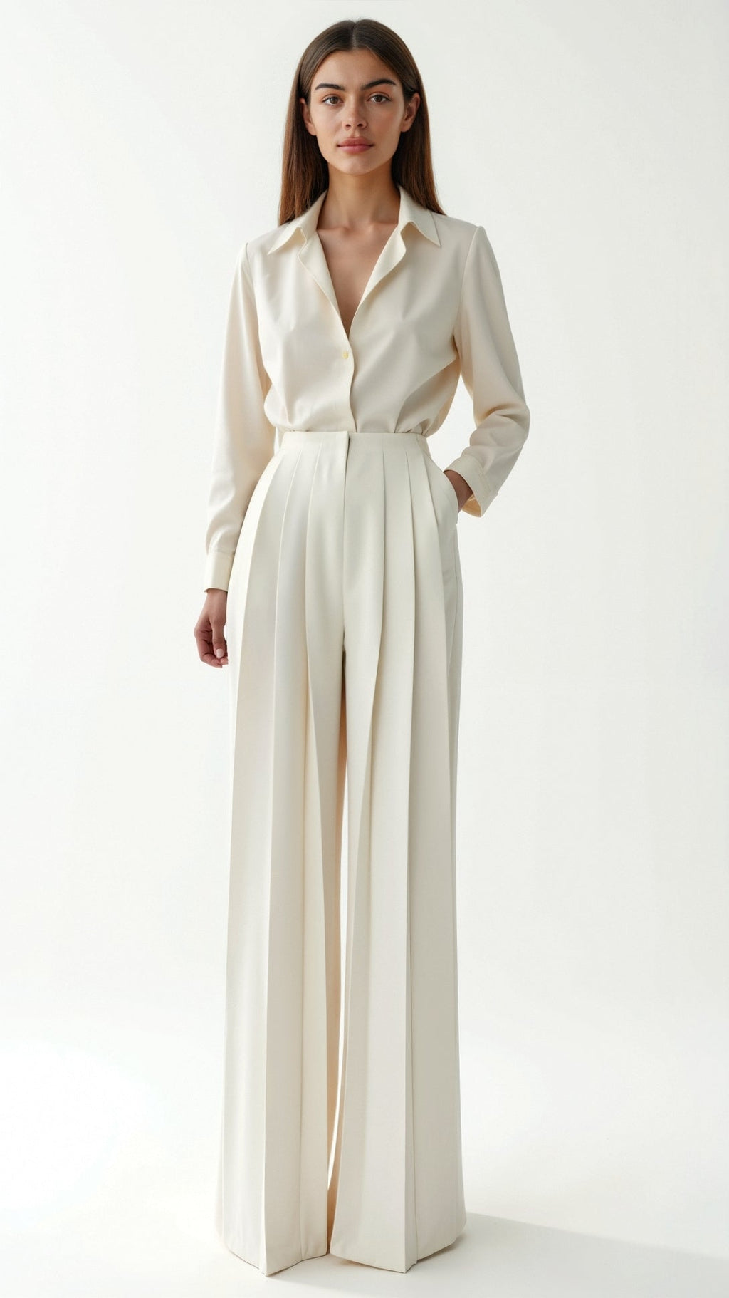 Elegante Plisseehose Damen mit Weitem Bein in Elfenbein aus Hochwertigem Crêpe 0